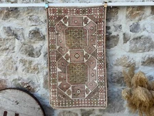 Hand-Woven Turkish Rug 2x4 Pale Red Wool Geometric Carpet Bedroom Area Rug