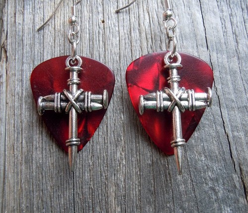 Bound Nails Cross Charm Guitar Pick Earrings with Surgical Steel Earwires - Picture 3 of 26