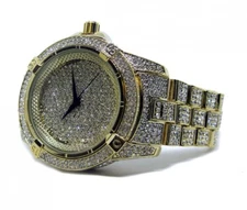 Mens Hip Hop 14K Gold Plated Alloy Quavo Iced Bling Cubic Zirconia Metal Watch