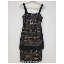 R&M Richards Lace Cocktail Dress 6 Sheath Tiered Layered Square Neck Black Nude