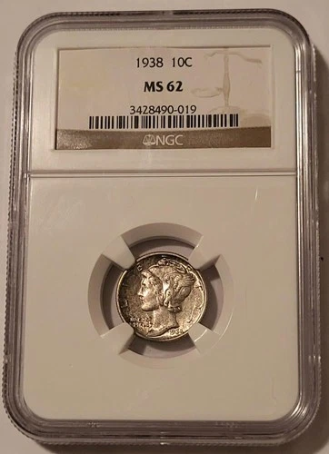 1938 Mercury Dime MS62 NGC Toned