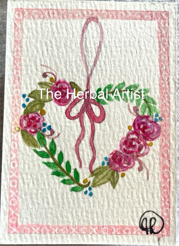 ACEO original Watercolor Painting, Art Card, Hearts, Floral, Flowers, Wreath