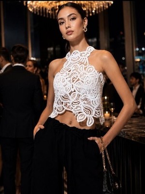 Ermanno Scervino  Lace Pattern V-Neck Top  White | Size: S | US4, IT40
