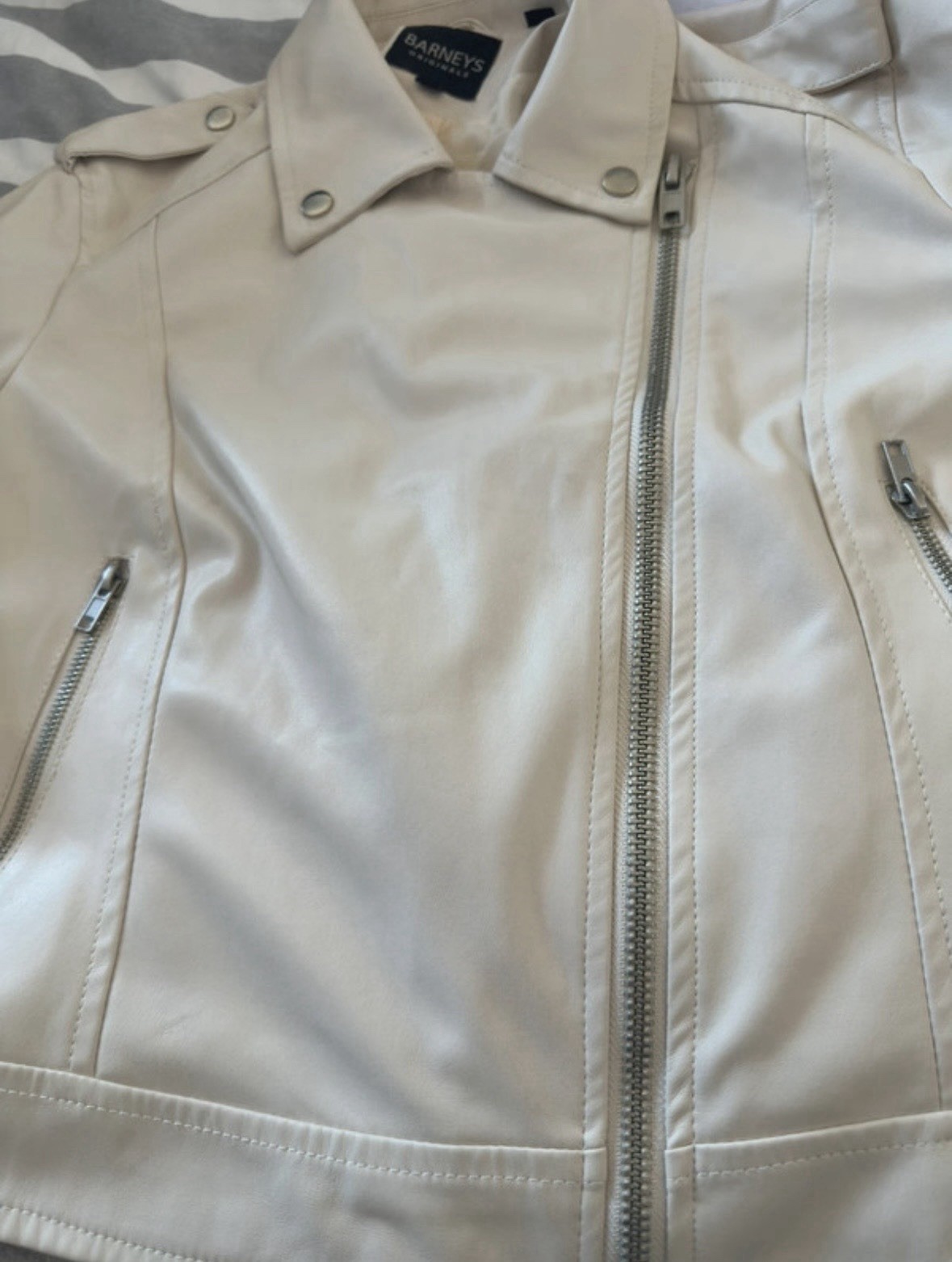 Barneys Originals Women’s Cream Faux Leather Biker Jacket 16 Just Married Print image 8
