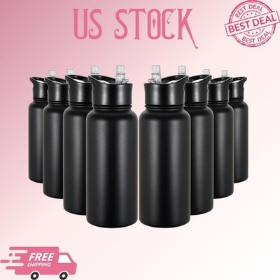 32oz Insulated Stainless Steel Water Bottles 8 Pack with Straw Lids Black