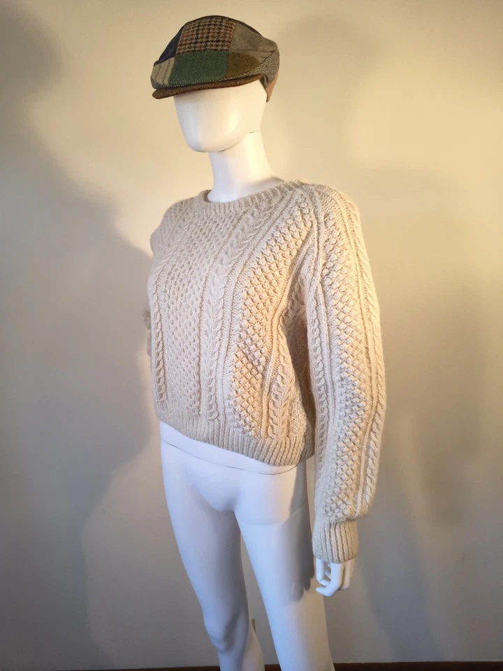 Suéter de pescador recortado vintage años 60 tejido a mano de lana irlandesa para mujer, pequeño Foto 4 de 4