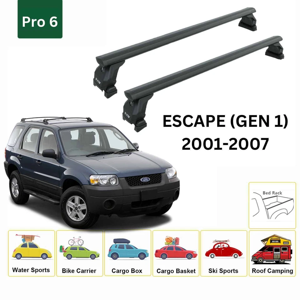 For Ford Escape (Gen 1) 2001-07 Roof Rack Cross Bars Fix Pro 6 Alu Black - Image 2 of 3