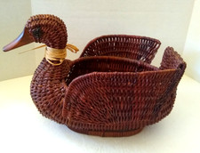 Ratan Vintage Wicker Duck Basket Mallard Swan Goose Hand Carved Wood Bill