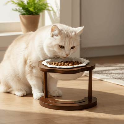 Antirutsch Erhöhter Keramik Tierfutter Wassernapf Holzsockel für Hund Katze Fütterung