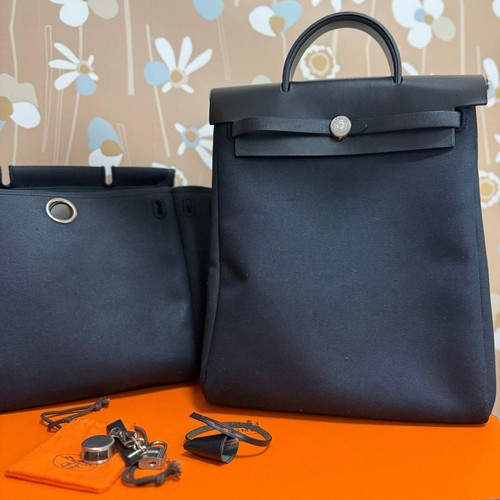 Hermes Herbag Ad Pm Black Canvas Leather Backpack Tote Bag □F