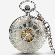 Portable Hand-winding Mechanical Skeleton Roman Numerals Carved Pocket Watch
