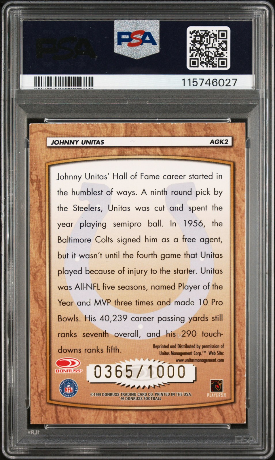 1999 DONRUSS ALL-TIME GRIDIRON KINGS #AGK2 JOHNNY UNITAS 365/1000 PSA 7 AUTO 10 view 2
