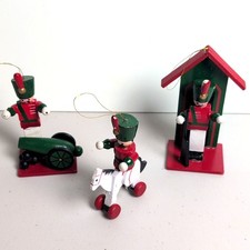 VTG Wooden Toy Soldier Christmas Ornaments Lot of 3 Sentry Booth Horse