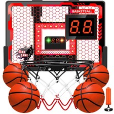 Indoor Mini Basketball Hoop, Over-The-Door w LED Light/Scoreboard/4 Balls