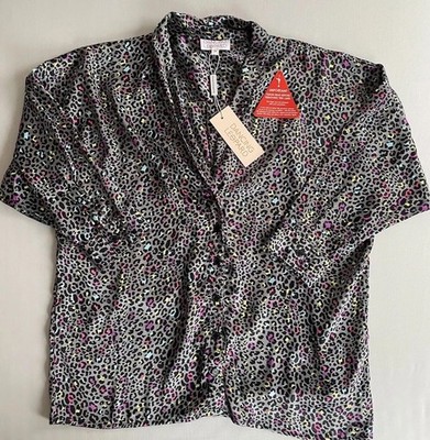 TANZENDER LEOPARD GRÖSSE 10 SOMMER BLUSE SEIDIG DAMEN GRAU OVERSIZED RETRO SMART