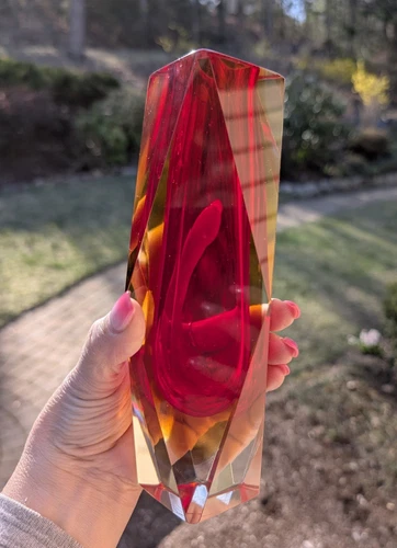Vintage MANDRUZZATO MURANO Red & yellow Faceted Vase 1960 8"