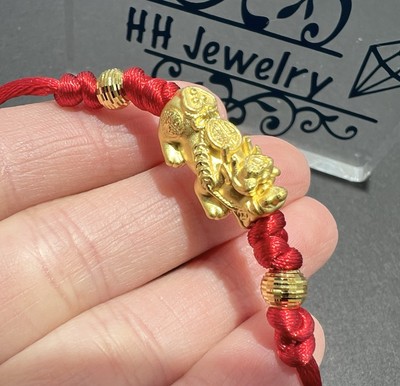 24K Yellow Gold Fu Dog, Pi Xiu Lucky Adjustable Bracelet With Red