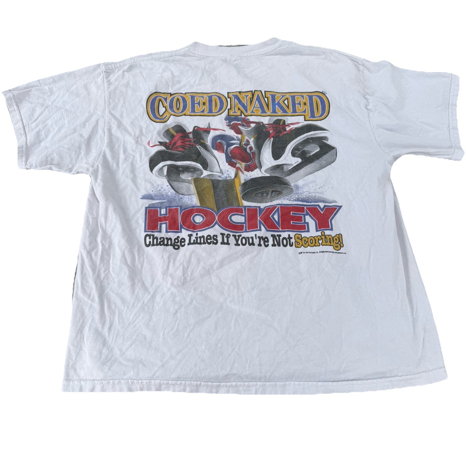 COED Naked Hockey T-Shirt White Size XL Delta Funny Graphic Tee READ**