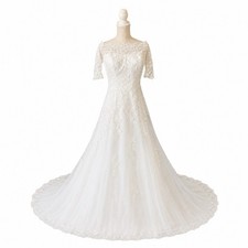 David's Bridal Lace A-Line Wedding Gown with Illusion Boat Neck Size 14