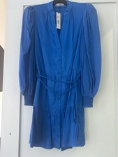 alice + olivia Shirt Dress Sz 0 Blue V-Neck Puff Sleeve Smocked Belted $495 NEW