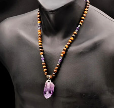 Boho Vintage Natural Amethyst and Tiger Eye Beaded Necklace Unique Gemstone Gift