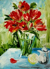 Oil painting 6x8" by an artist from Ukraine! Red flowers. Abstraction. Mini art.