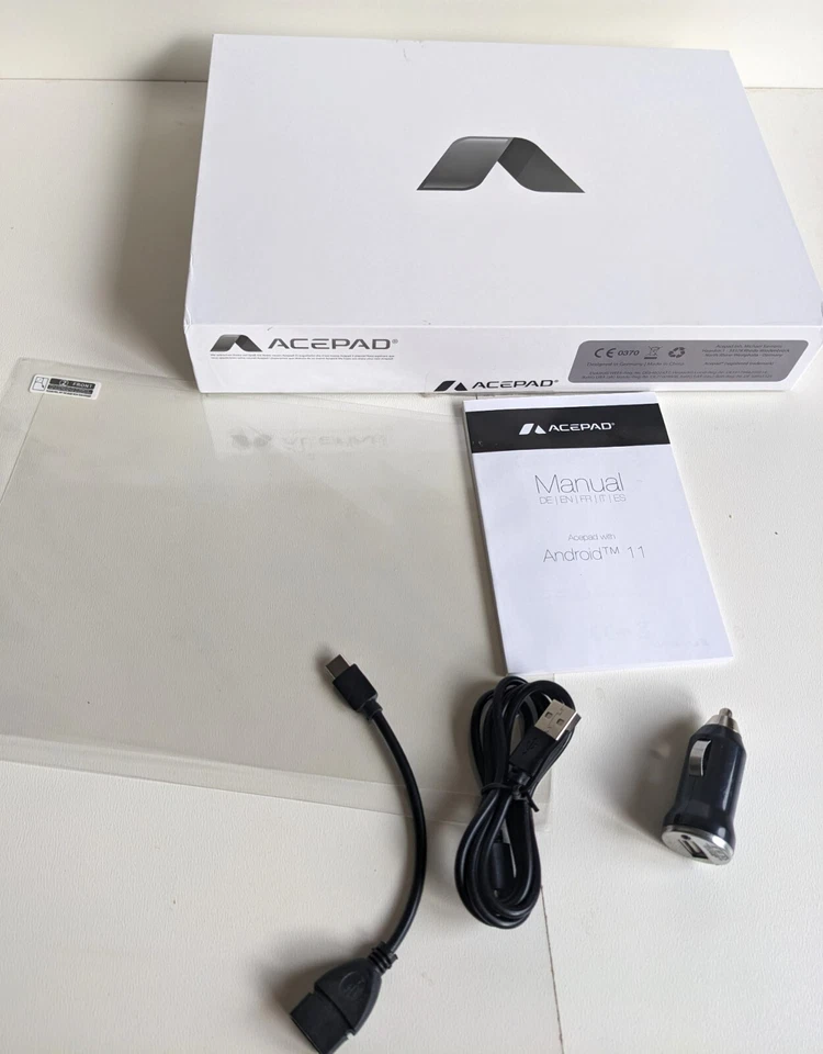 Zubehör Acepad A145 - Autoladekabel, Bedienungsanleitung, Schutzfolie