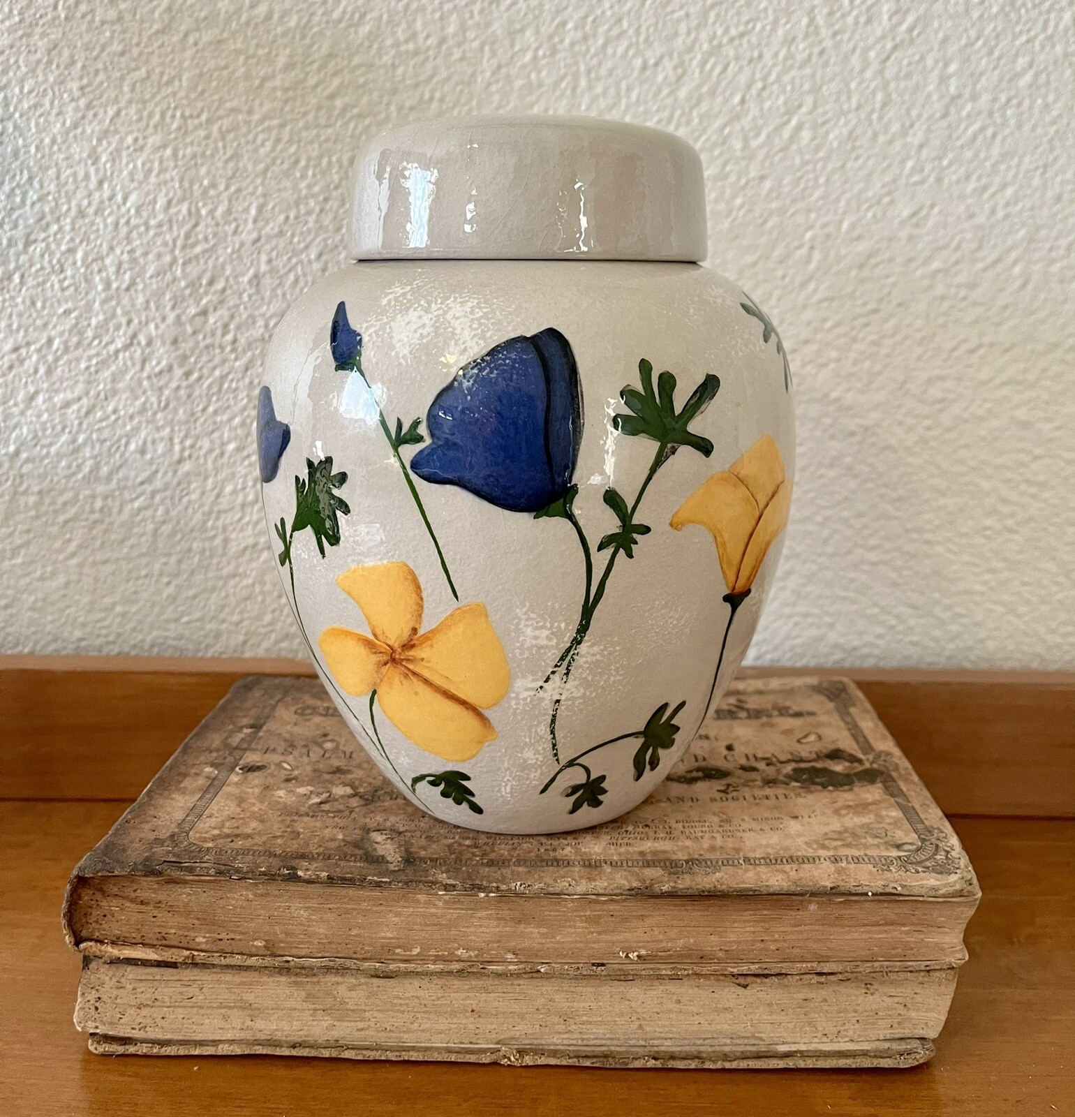 Studio Art Pottery Hand Painted Signed Blue Yellow Floral Ginger Jar Lidded Pot, vintage trinket box
