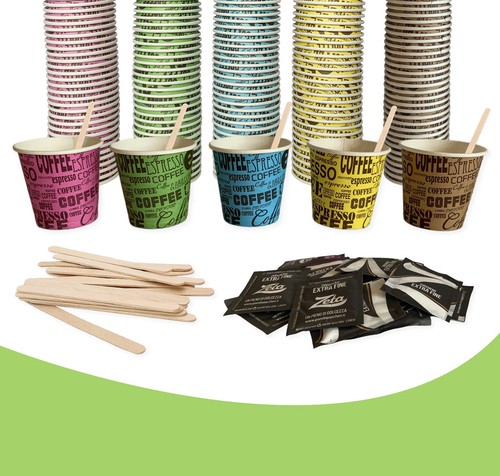 1 KIT ACCESSORI bio PER CAFFE' 150 BICCHIERI 150 BUSTINE DI ZUCCHERO 150 PALETTE - Foto 7 di 10