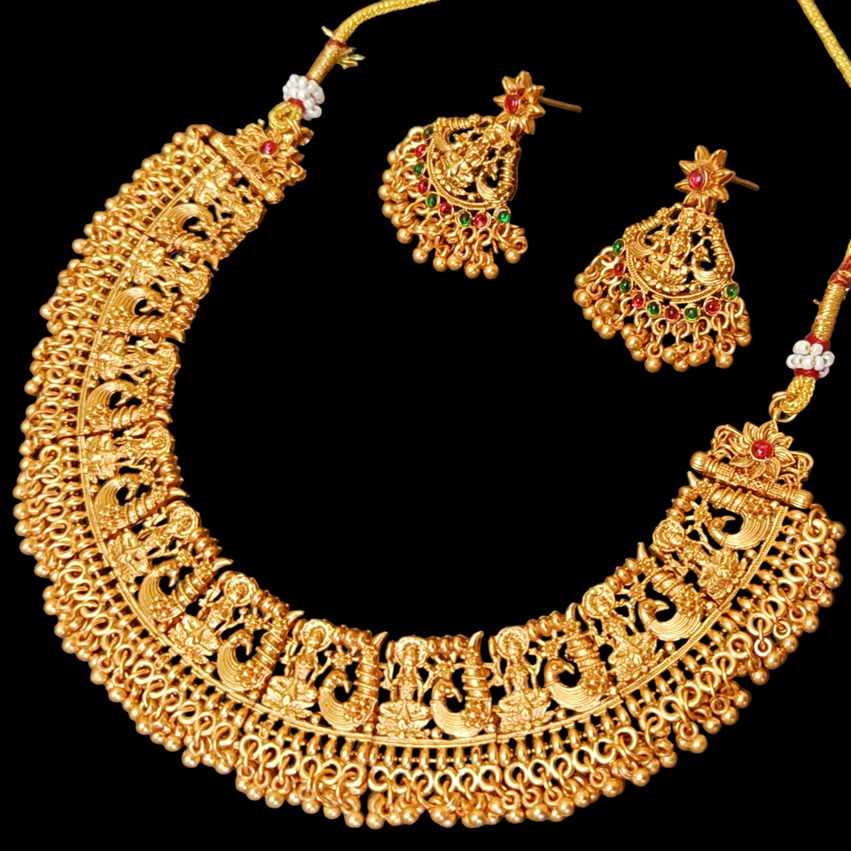 Traditionelle Vergoldete Halskette Südindische Göttin Lakshmi Tempelschmuck Set