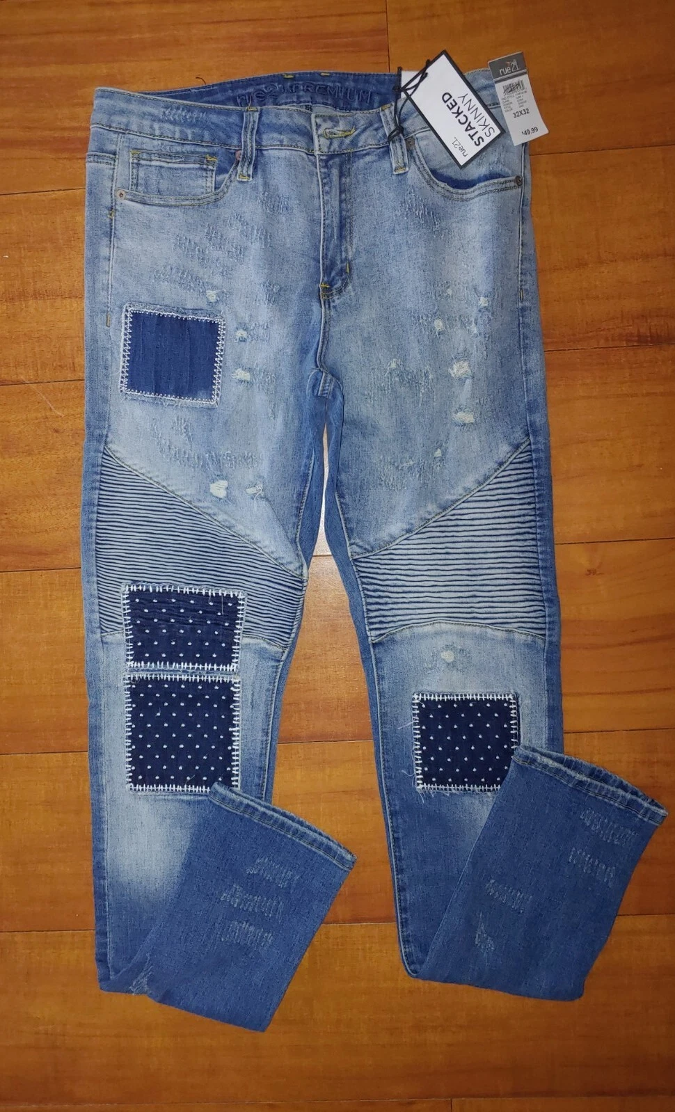 Rue 21 Stacked Skinny Supreme Flex Distressed Patched Blue Jeans Men’s 32x32