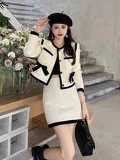 Tailleur Completo Donna Ufficio Giacca Blazer Set Gonna Bianco Nero Tweed 83968