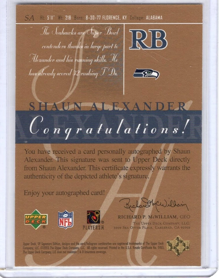 2003 SP Signature Edition Autograph #SA Shaun Alexander - Image 2 of 2