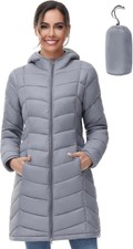Slow Down Women Lightweight Down Puffer Coat, Hooded Mid-length...