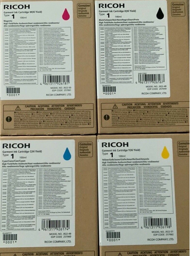 4 x Original Ink Ricoh Ri-100 RI100 / Type 1 Garment Ink Cartridge
