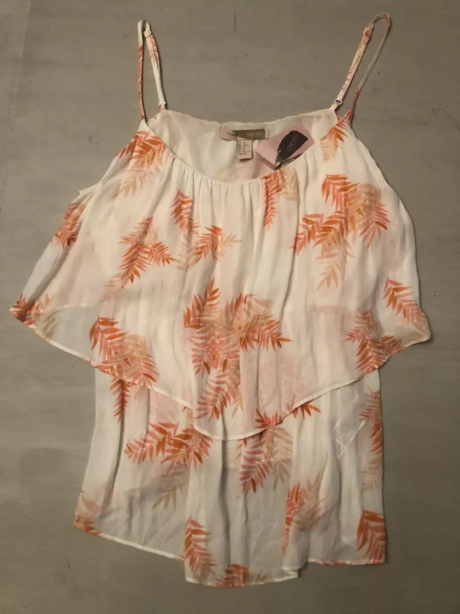NWT Forever 21 Woven Top Cami Cream w Pink Peach Leaf Pattern Off Shoulder XL