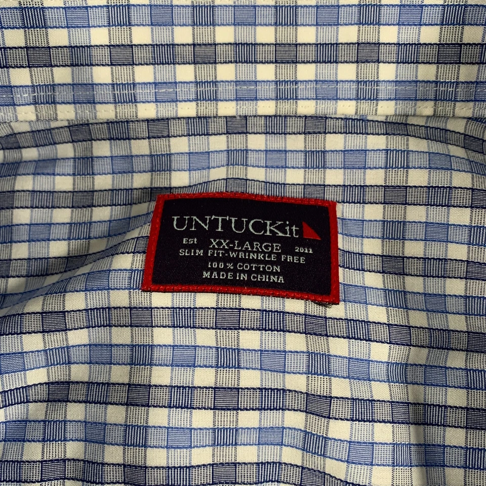 UNTUCKit Shirt Mens 2XL Blue White Check Button Up Wrinkle Fit Cotton Slim Fit - Image 4 of 4