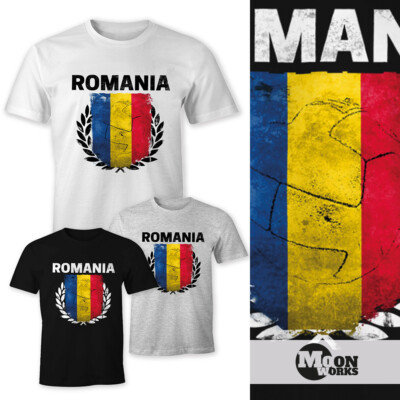 EM WM T-Shirt Herren Fußball Rumänien Flagge Vintage Romania Fanshirt MoonWorks 