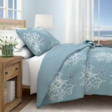 Blue Reversible Coastal Themed Full/Queen Microfiber 3-Piece Quilt Set Bedspread