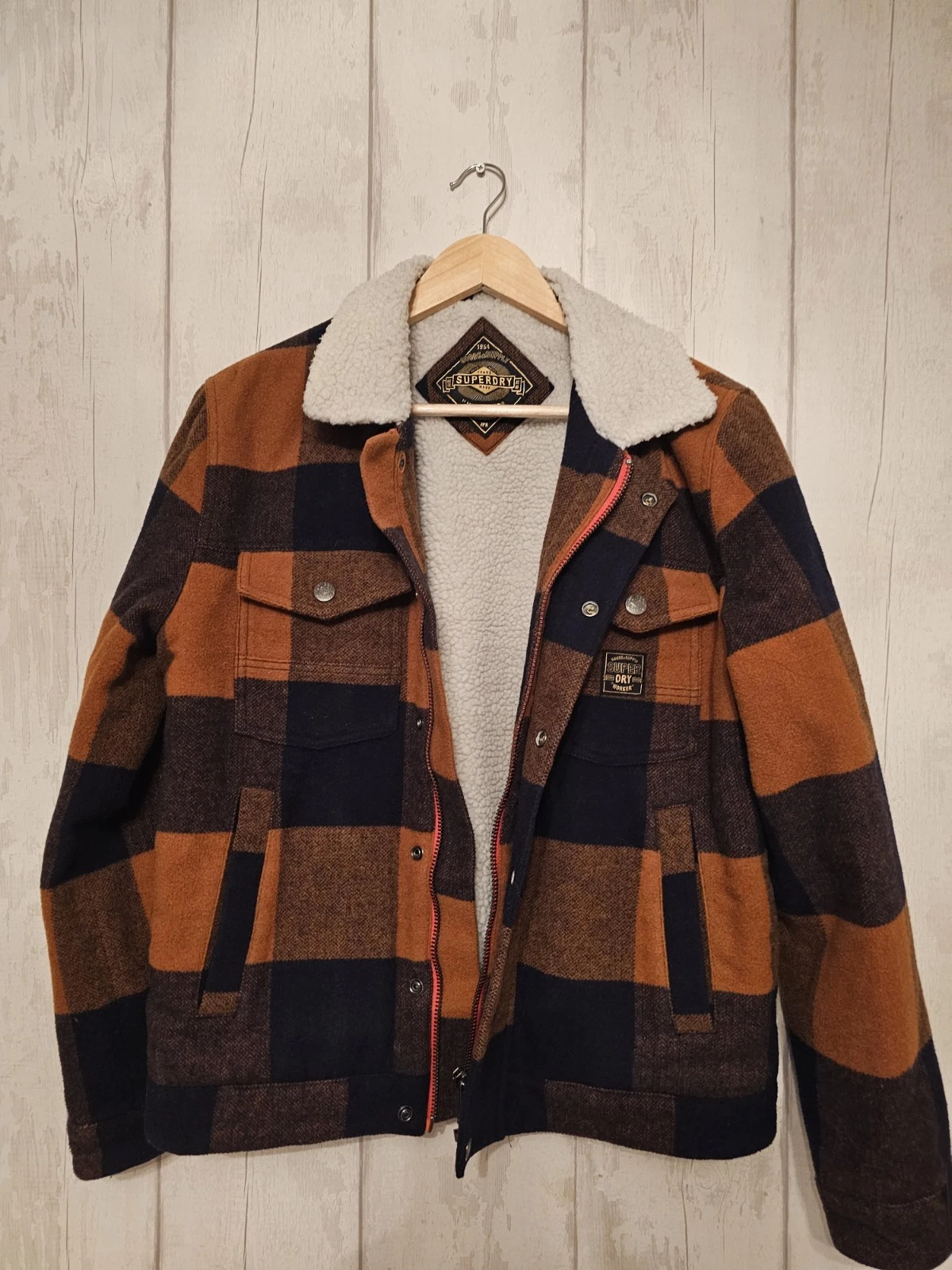 Superdry Men's Size Small Hacienda Sherpa Wool Fleece Black/Orange Check Jacket