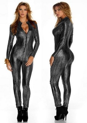 NEUESTES DESIGN Catsuit silber Schlangenhaut Kunstleder Frontreißverschluss Größe 12