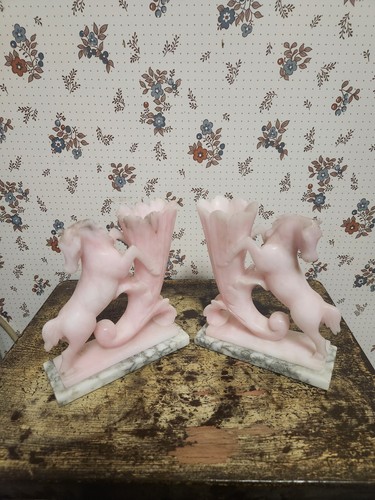 Fermalibri Cornicopia cavallo alabastro rosa intagliato candelabri italiano vintage - Foto 3 di 12