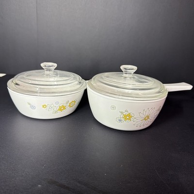 Vtg CorningWare Floral Bouquet 2pc Saucepan Set 1 Pt P-81-B & 1.5 Pt P-82-B Lids