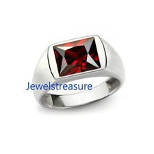 Natural Garnet Gemstone  with 925 Sterling Silver Ring For Men's #06