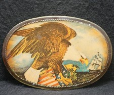 XD03139 VINTAGE 1970s BALD EAGLE  AMERICAN FLAG PATRIOTIC ARTWORK BELT BUCKLE