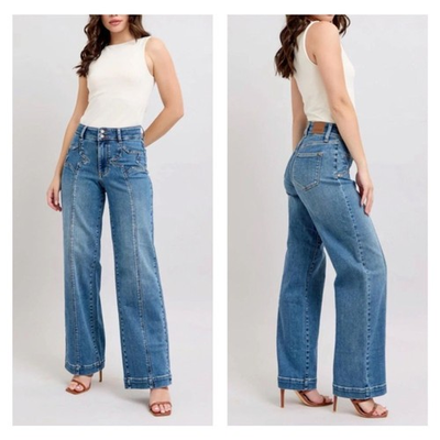 #ad Judy Blue High Waist Double Button Star Front Seam Wide Leg Denim Jeans 14W x 32 $36.54