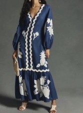 Farm Rio Navy Blue White Floral Embroidery long sleeves Maxi Dress SXS