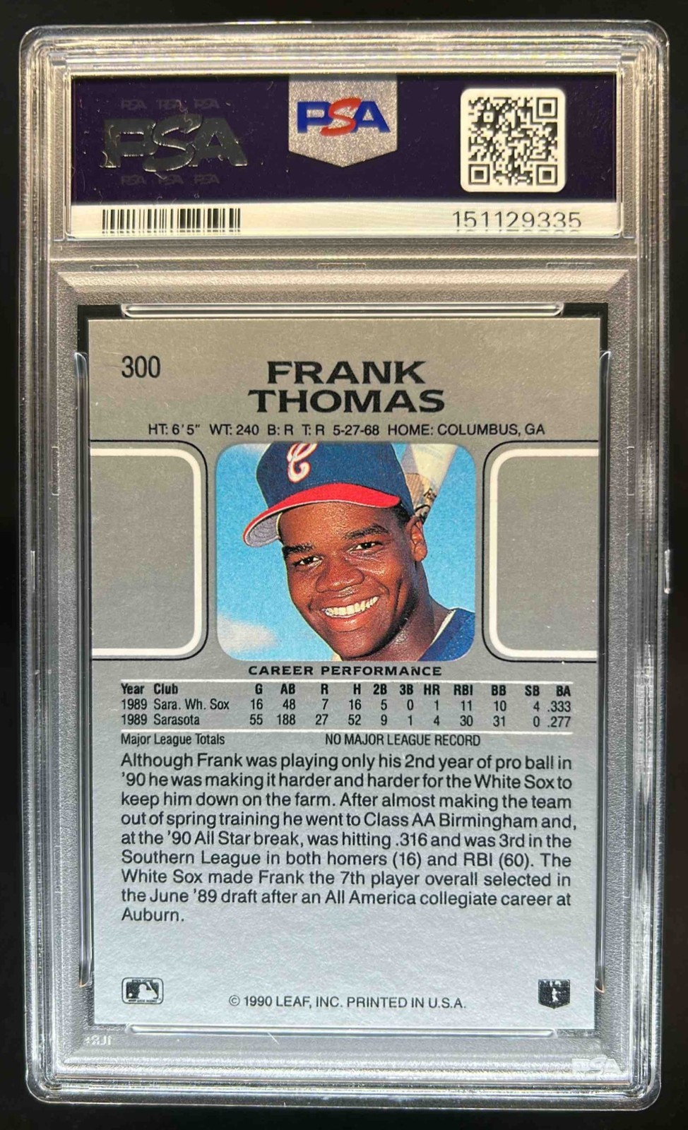 1990 Leaf Frank Thomas RC UER #300 White Sox PSA 9 Rookie view 2