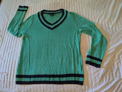 Talbot's V-Neck Linen Sweater Medium Green Navy