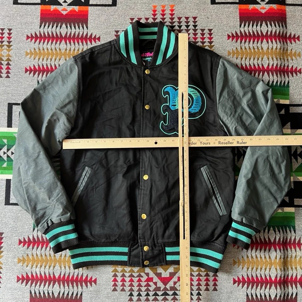 Pink Dolphin Mens Varsity Jacket Size Large Black Bomber Leather Sleeve Logo A4 - Image 3 of 4